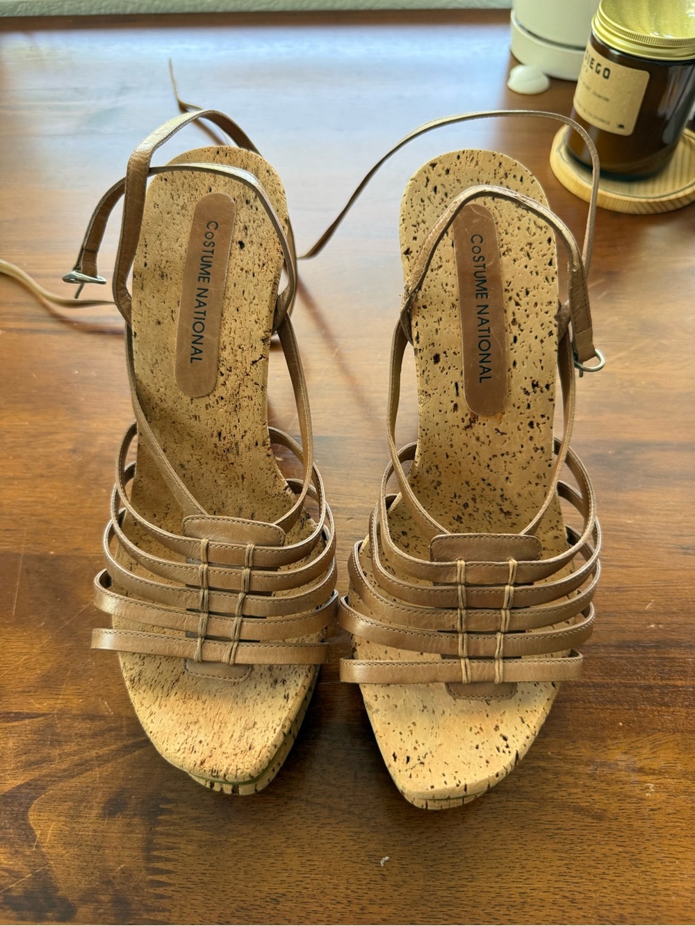 CNC Costume National Tan Strappy Cork Wedge Sandals with Ankle Wrap